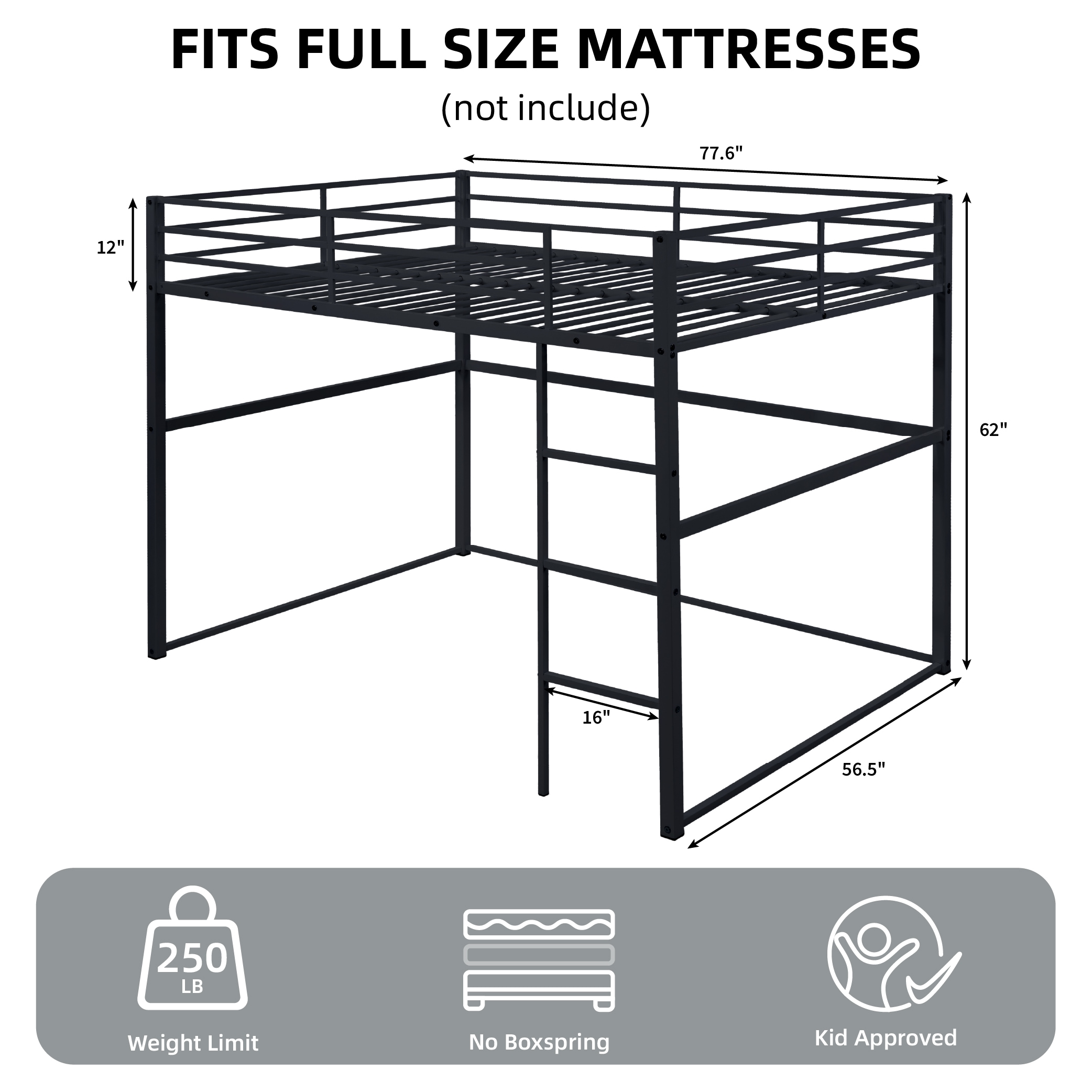 Metal Loft Bed Full Size, Loft Bed Frame with Safety Guard Rails & Flat Ladder, Twin Loft Bed for Kids Teens Adults, Black Metal Loft Bed Full Size, Loft Bed Frame with Safety Guard Rails & Flat Ladder, Twin Loft Bed for Kids Teens Adults, Black